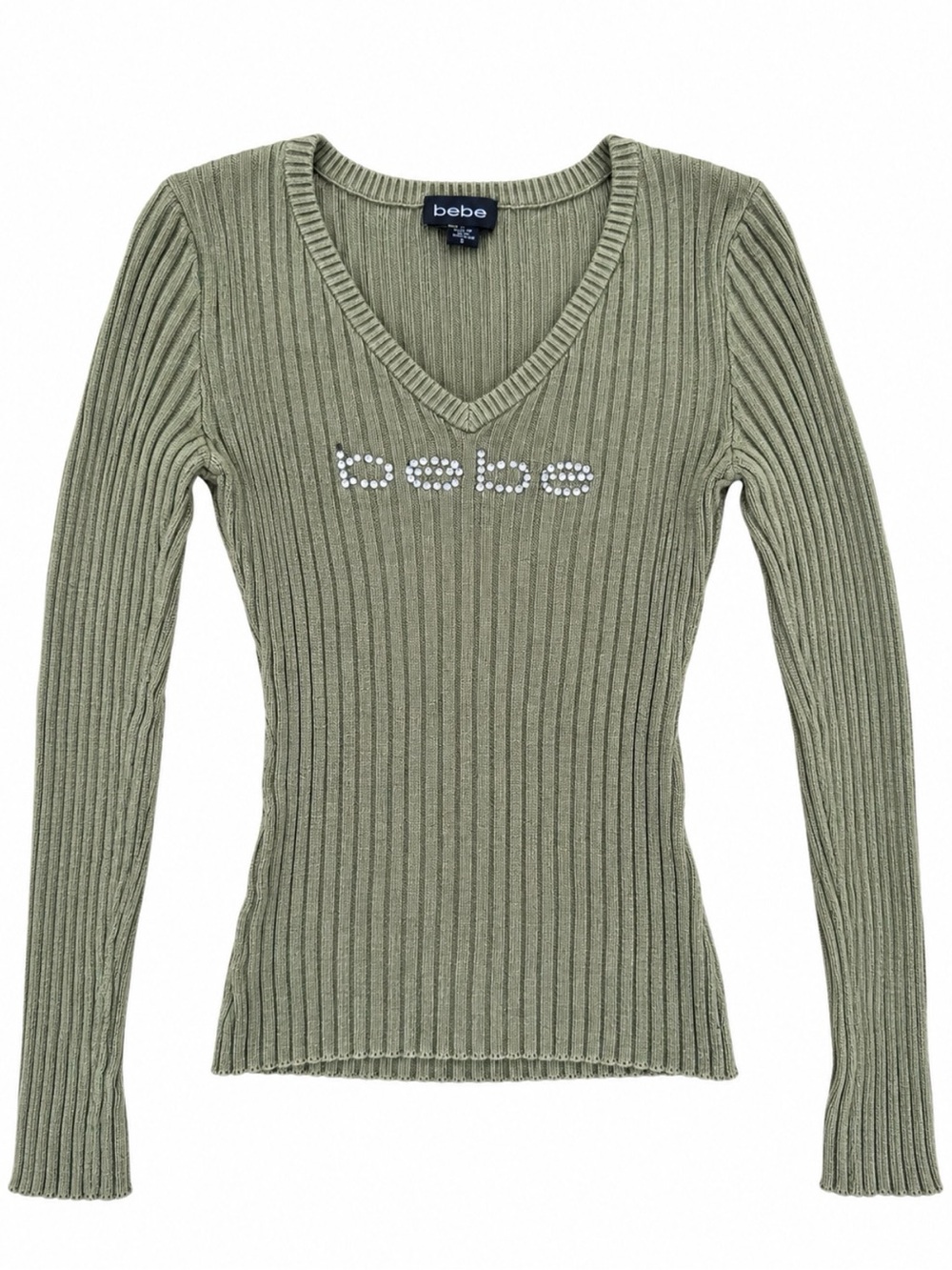 bebe Olive Ribbed V-Neck Sweater with Crystal Logo